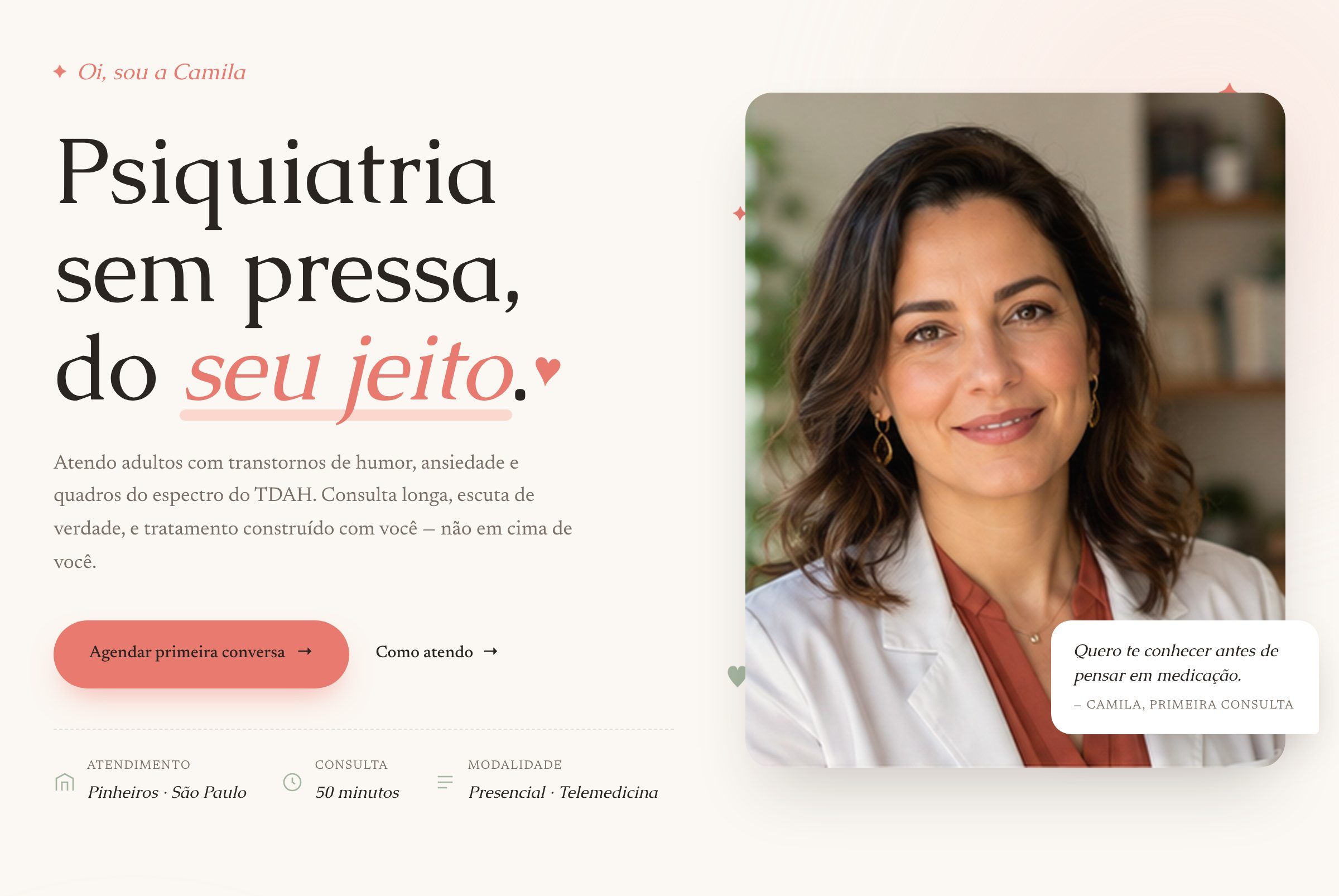 Site de psiquiatra criado no Tenko Sites: foto da médica, apresentação editorial, botão de agendar e informações de atendimento